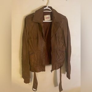 ONLY Brown Leather Biker Jacket. Medium.